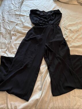 Black Strapless Wide-Leg Jumpsuit shorts under shear  all the way down the legs